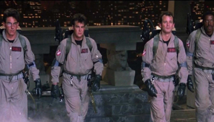 Screenshot from near the finale of Ghostbusters showing Harold Ramis, Dan Aykroyd, Bill Murray and Ernie Hudson.